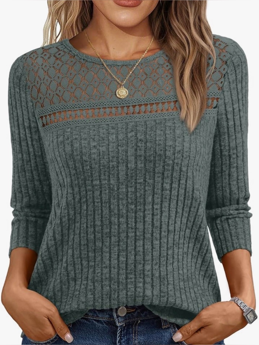 Lace Yoke Ribbed Crewneck Sweater - Olive Green